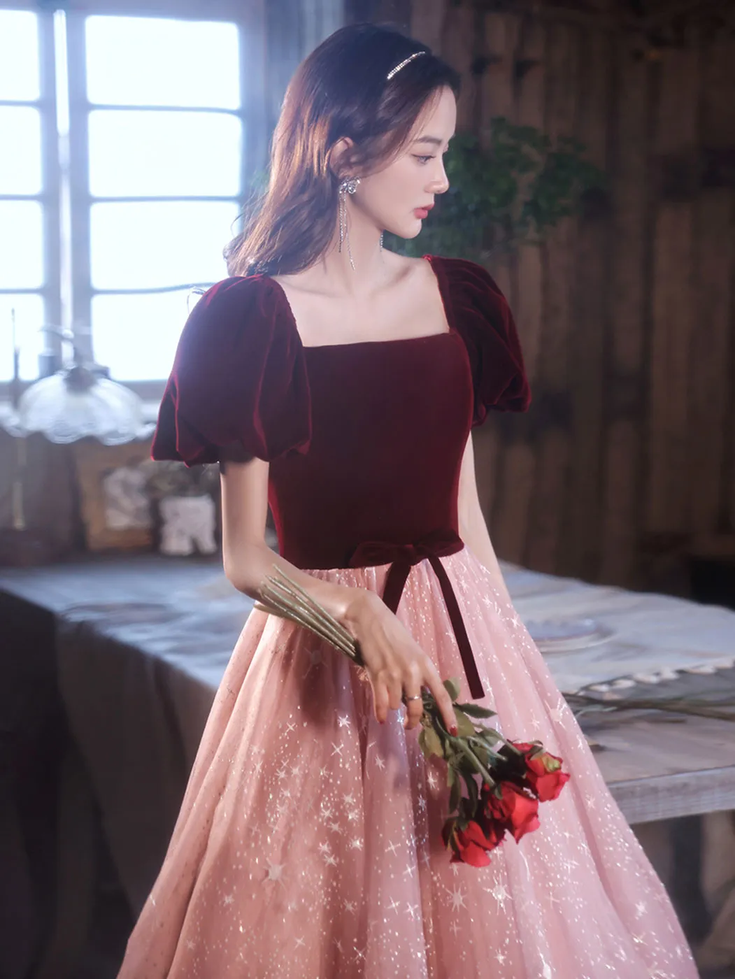 Burgundy velvet/tulle Long Prom Dresses, A line Tulle Formal Graduation Dresses