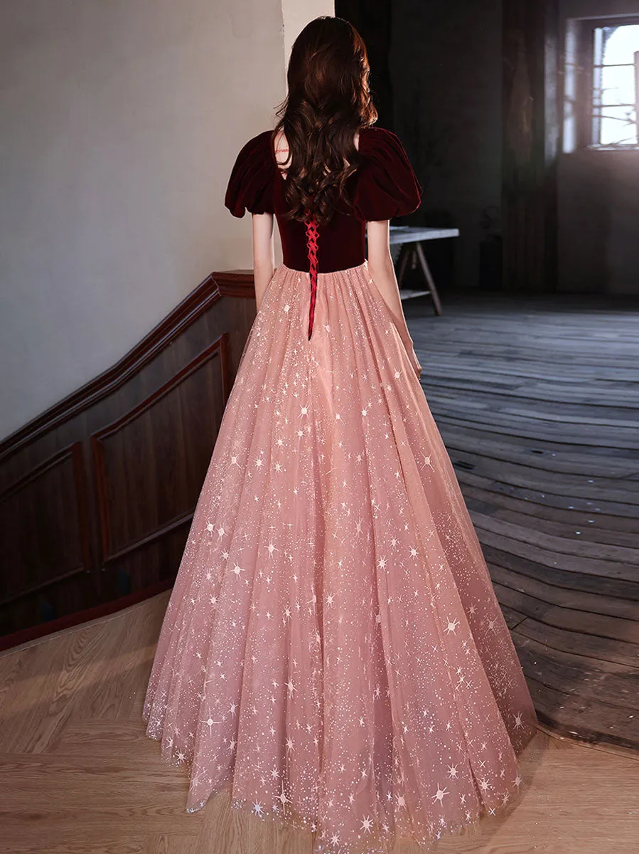 Burgundy velvet/tulle Long Prom Dresses, A line Tulle Formal Graduation Dresses