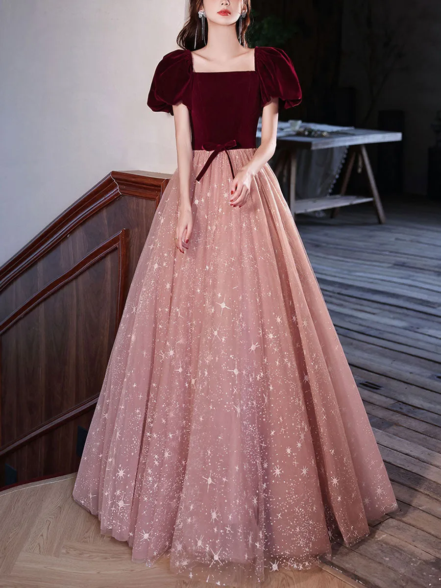 Burgundy velvet/tulle Long Prom Dresses, A line Tulle Formal Graduation Dresses