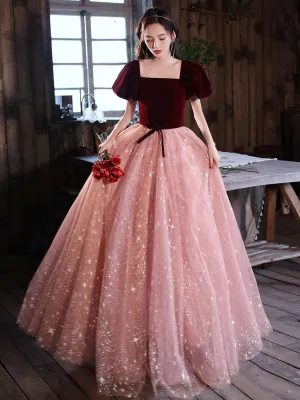 Burgundy velvet/tulle Long Prom Dresses, A line Tulle Formal Graduation Dresses