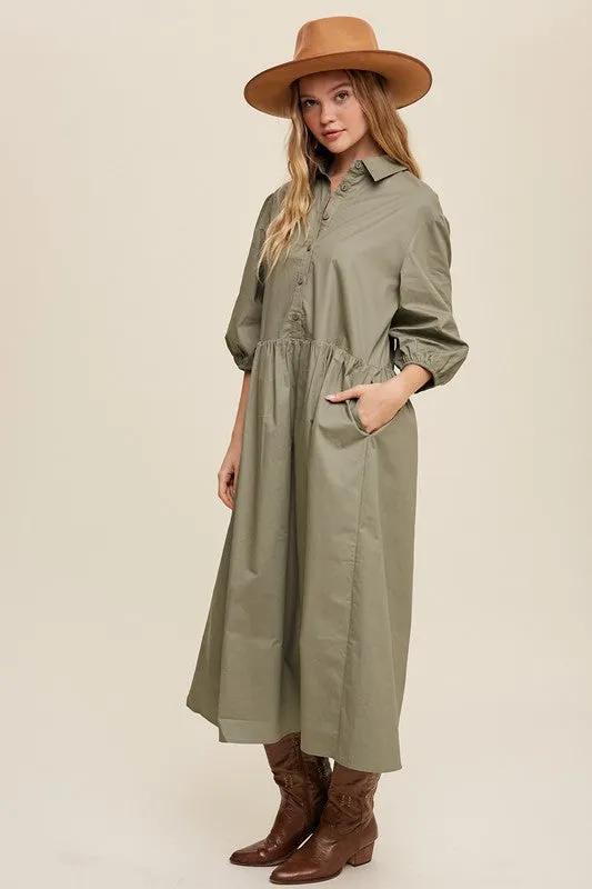 Button Front Puff Sleeve Baby doll Maxi Dress *Online Only*