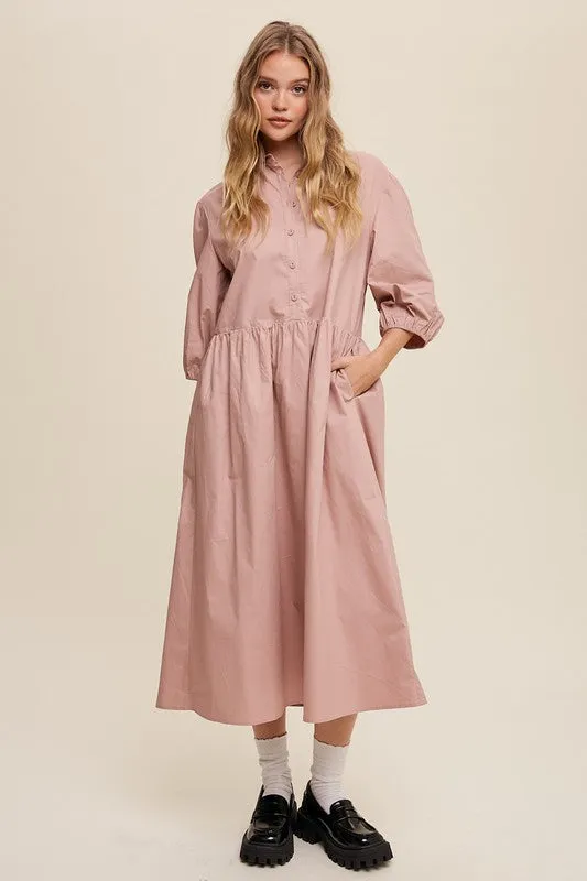 Button Front Puff Sleeve Baby doll Maxi Dress *Online Only*