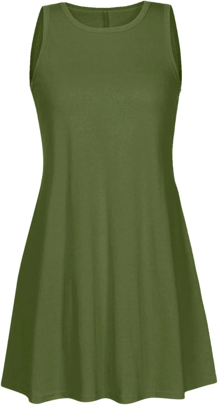 Canbebig Summer Dresses for Women Beach Solid Tshirt Sundress Sleeveless Casual Loose Swing Short Tank Dress with Pockets