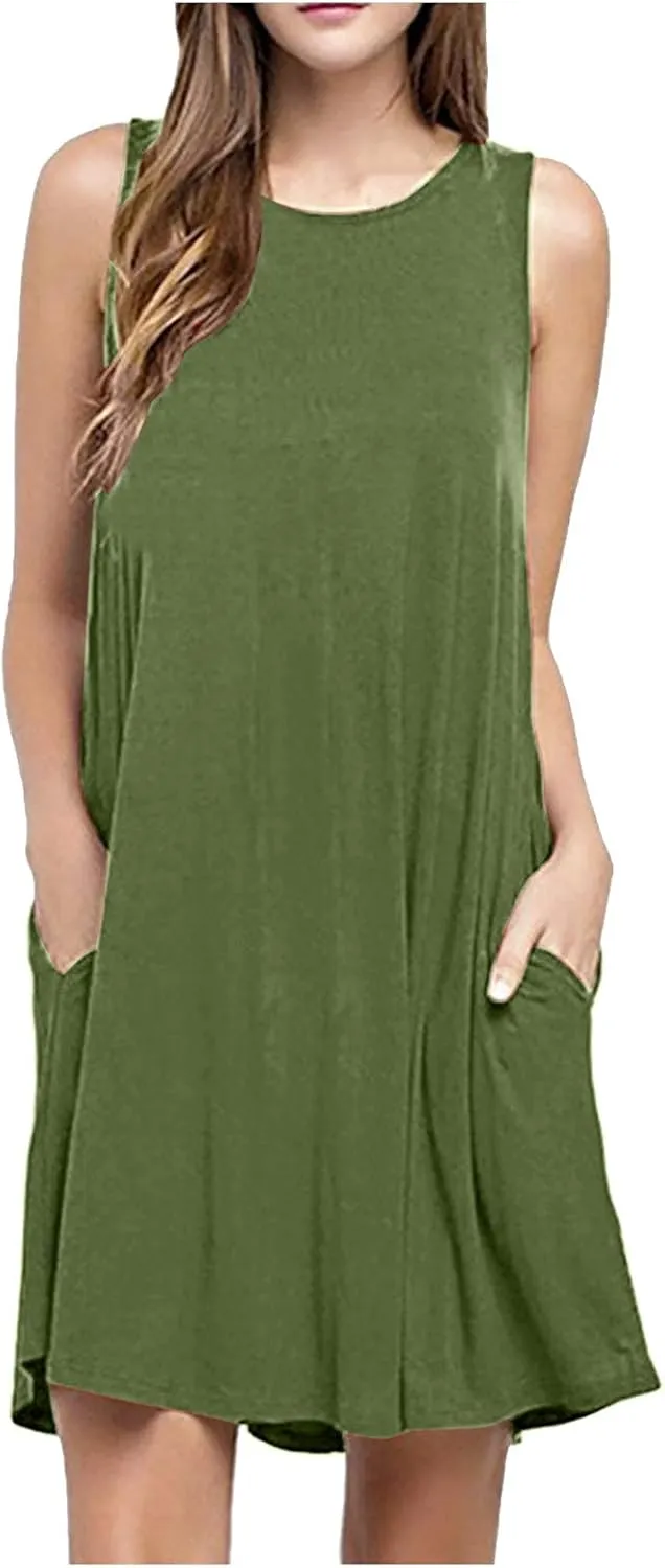 Canbebig Summer Dresses for Women Beach Solid Tshirt Sundress Sleeveless Casual Loose Swing Short Tank Dress with Pockets