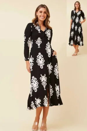 Caroline K Morgan Long Sleeve Printed Shirt Dress Black White