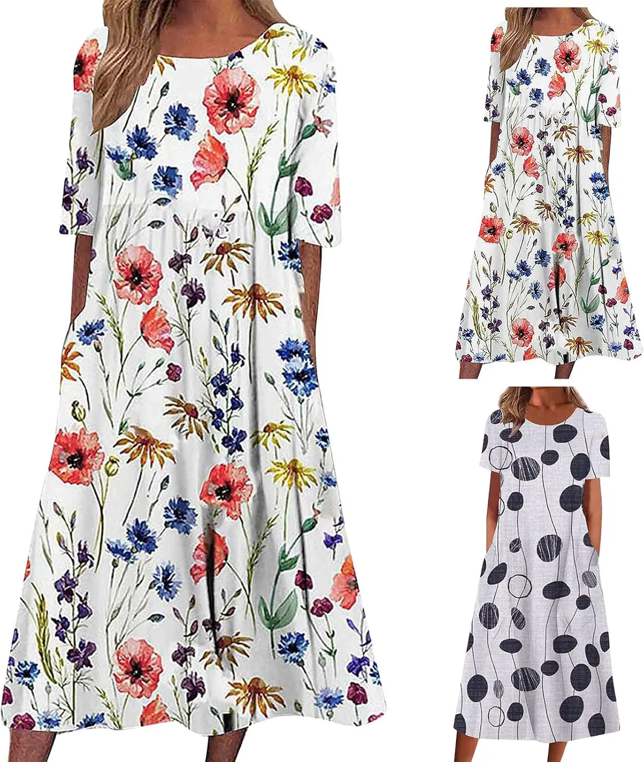 Casual Dresses for Women Loose Short Sleeve Floral Print T Shirt Dresses V Neck Pleated Beach Sundresses with Pockets