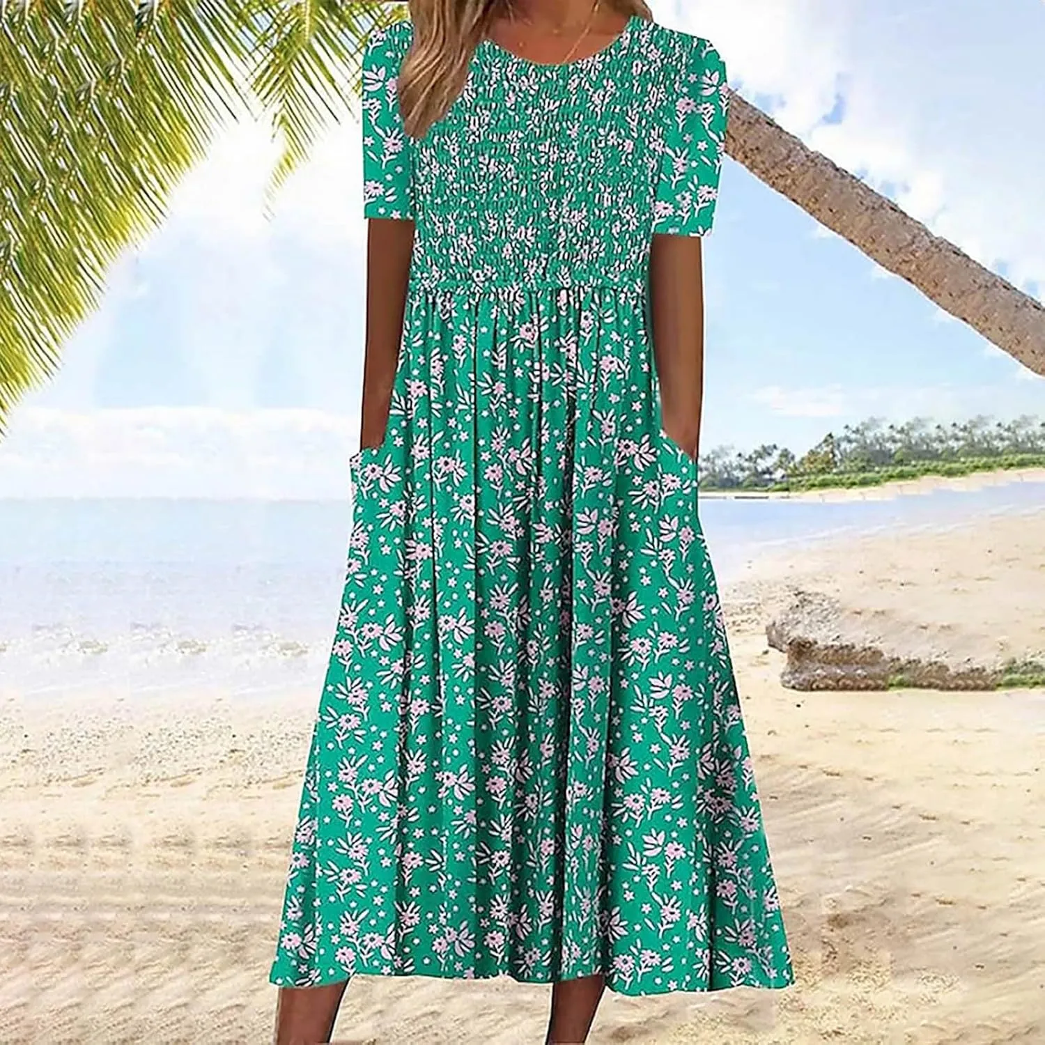 Casual Dresses for Women Loose Short Sleeve Floral Print T Shirt Dresses V Neck Pleated Beach Sundresses with Pockets