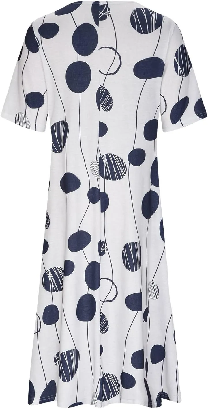 Casual Dresses for Women Loose Short Sleeve Floral Print T Shirt Dresses V Neck Pleated Beach Sundresses with Pockets