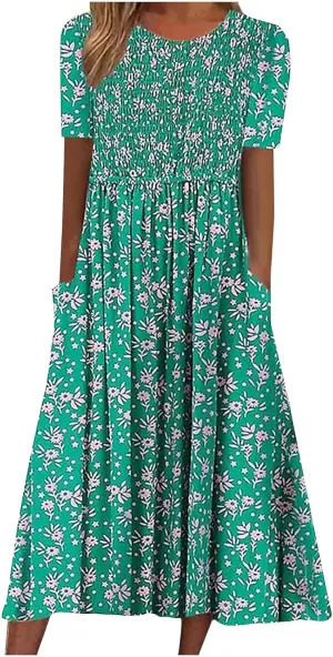 Casual Dresses for Women Loose Short Sleeve Floral Print T Shirt Dresses V Neck Pleated Beach Sundresses with Pockets