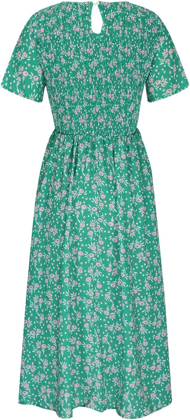 Casual Dresses for Women Loose Short Sleeve Floral Print T Shirt Dresses V Neck Pleated Beach Sundresses with Pockets