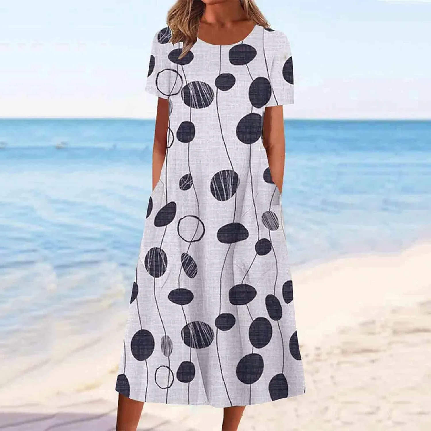 Casual Dresses for Women Loose Short Sleeve Floral Print T Shirt Dresses V Neck Pleated Beach Sundresses with Pockets