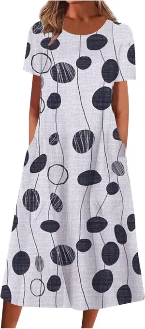 Casual Dresses for Women Loose Short Sleeve Floral Print T Shirt Dresses V Neck Pleated Beach Sundresses with Pockets