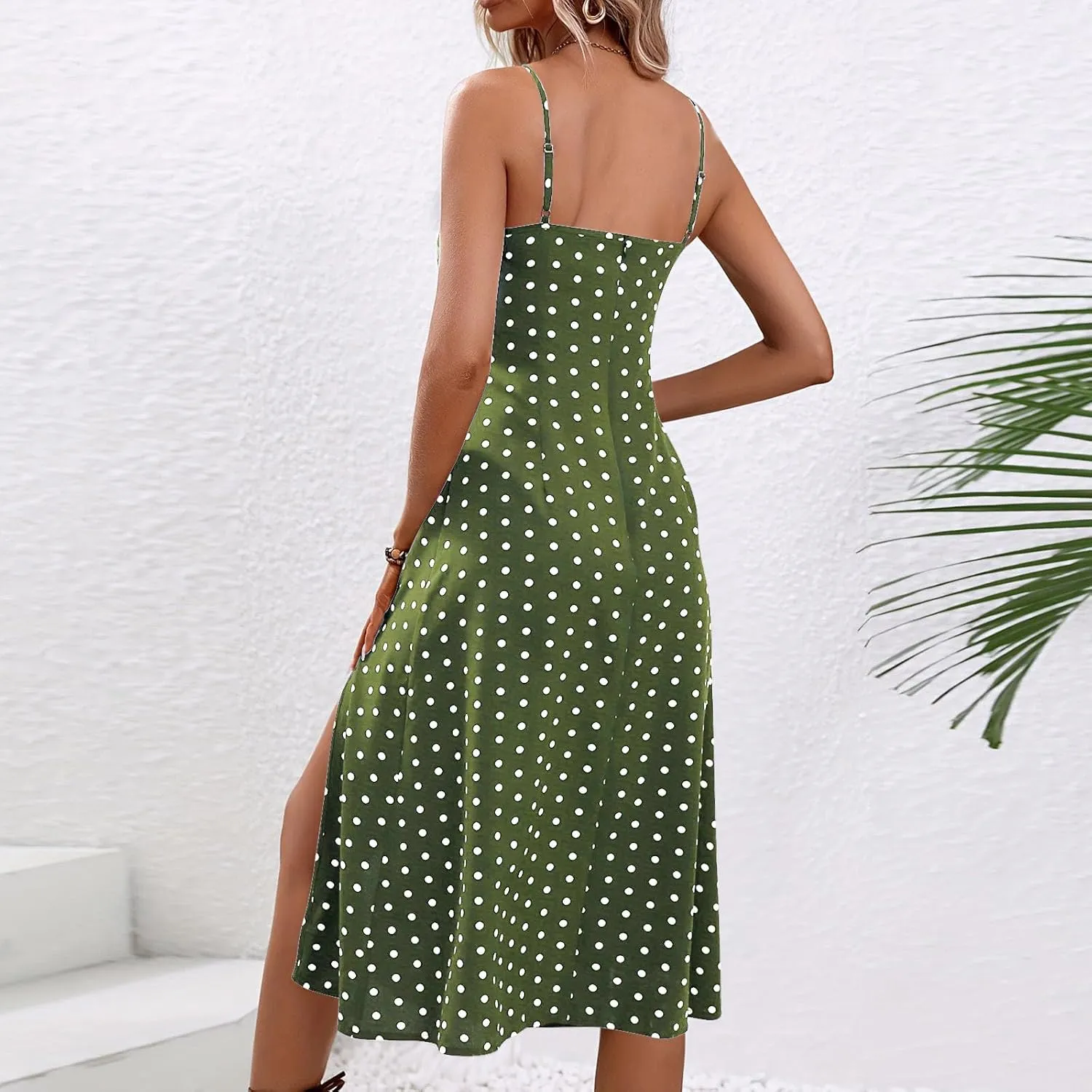 Casual Dresses for Women Summer Spaghetti Strap Split Midi Sundress Elegant Trendy Boho Polka Dot Dress