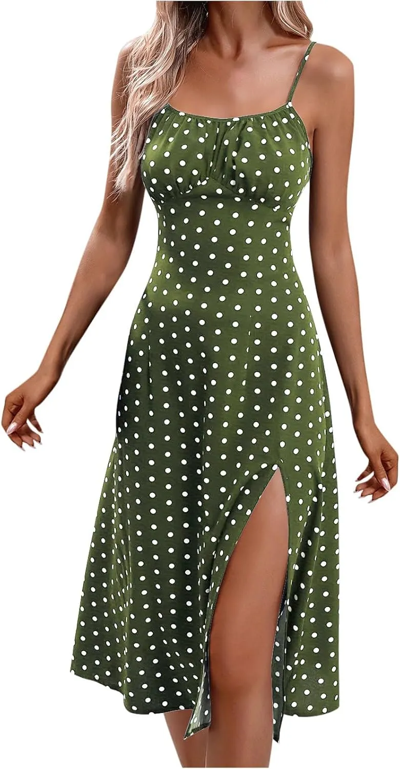 Casual Dresses for Women Summer Spaghetti Strap Split Midi Sundress Elegant Trendy Boho Polka Dot Dress