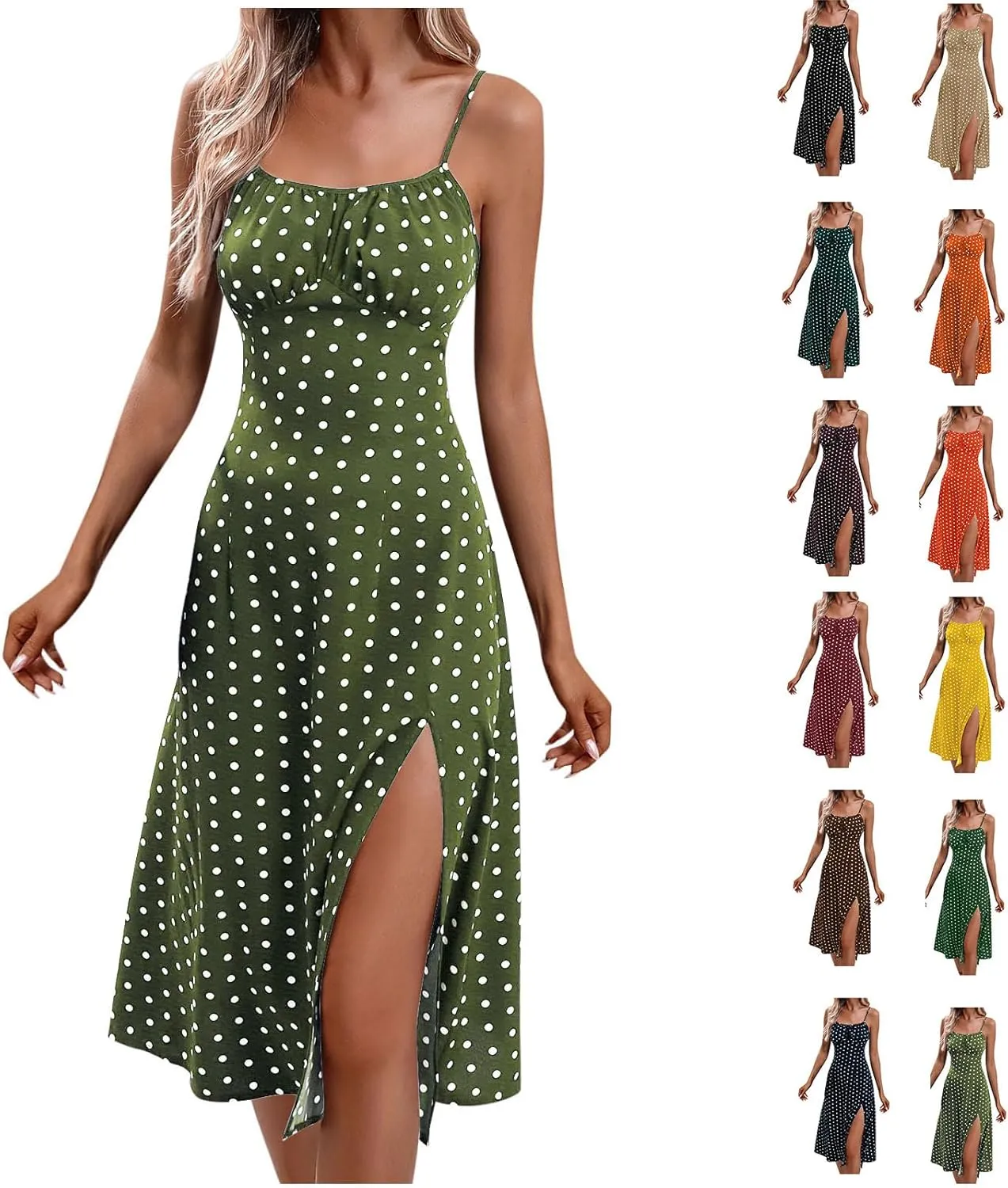 Casual Dresses for Women Summer Spaghetti Strap Split Midi Sundress Elegant Trendy Boho Polka Dot Dress