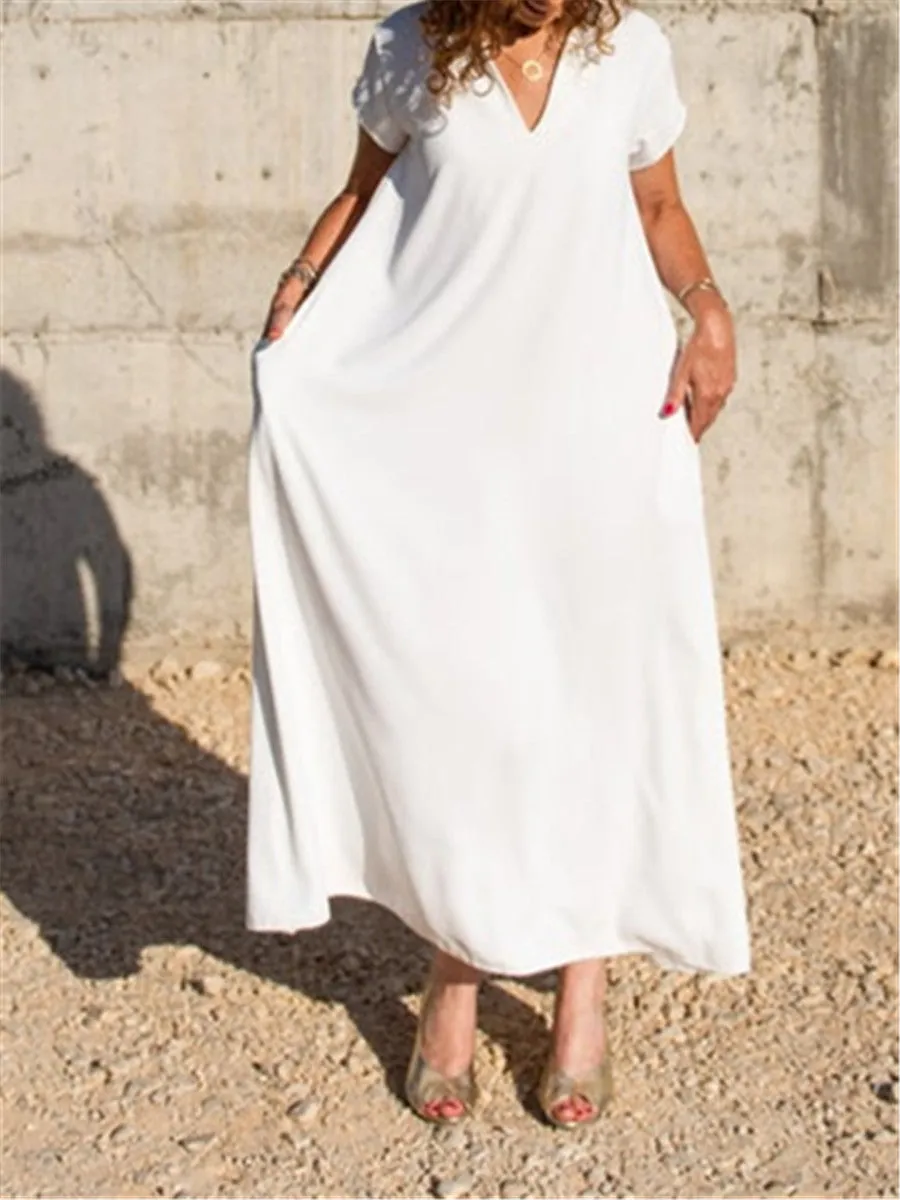 Casual Loose V-Neck Pocket Maxi Dress