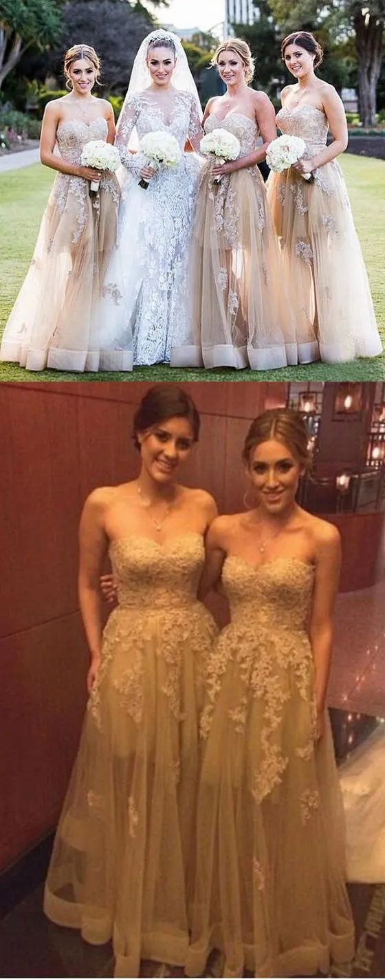 Champagne Sweetheart Lace Tulle A-line Maxi Bridesmaid Dresses