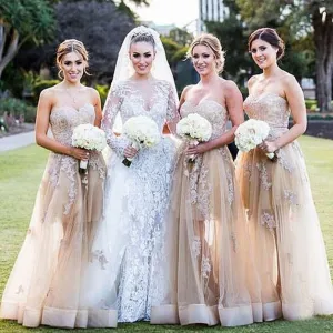 Champagne Sweetheart Lace Tulle A-line Maxi Bridesmaid Dresses