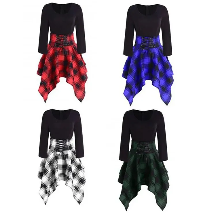 Chic Plaid Lace-Up Dress: Effortless Elegance in a Vibrant Print