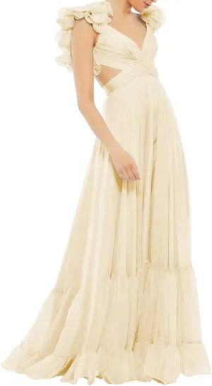 Chiffon Ruffle Prom Dresses for Women V Neck Long Bridesmaid Dresses Backless Formal Evening Gowns A Line
