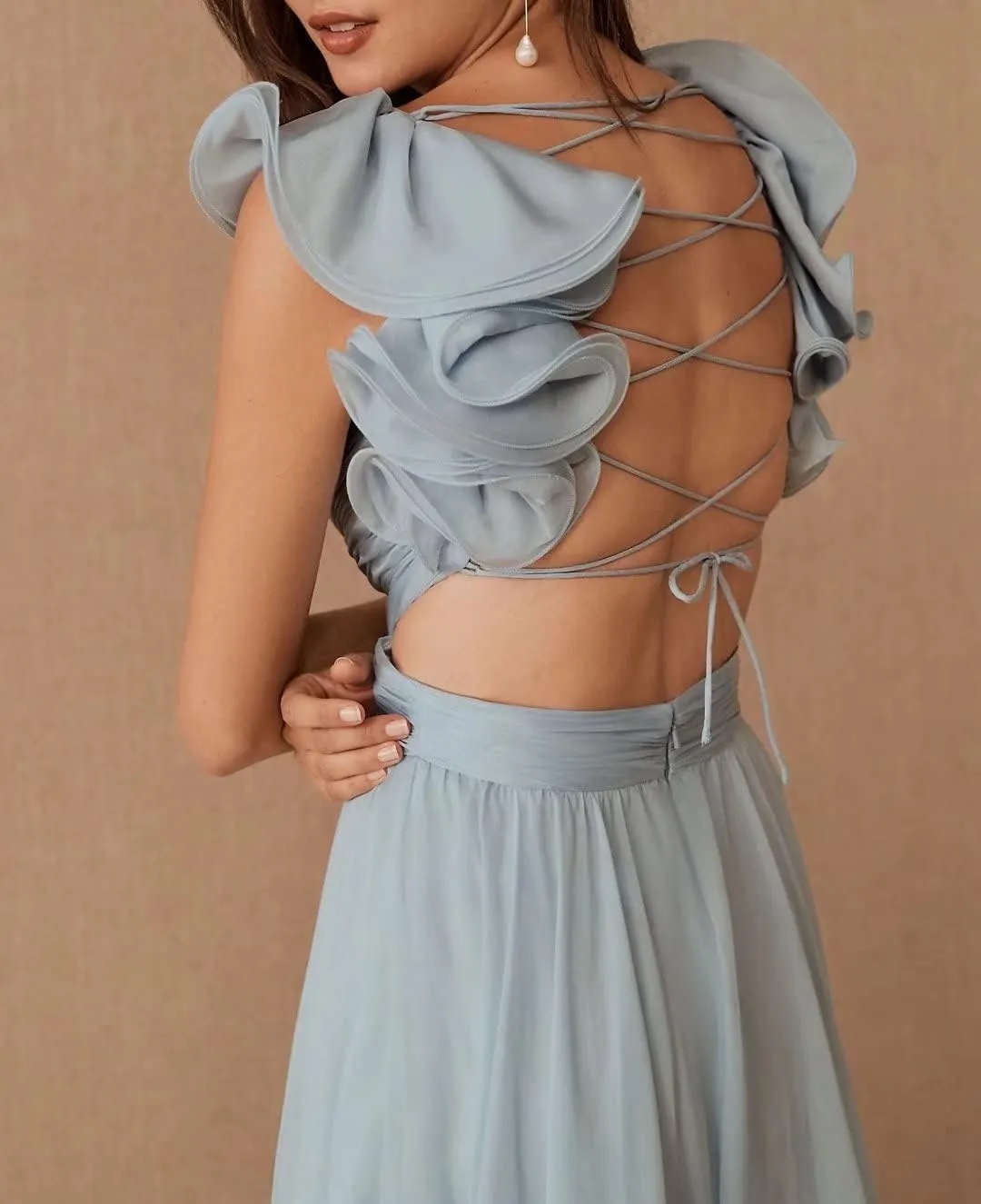 Chiffon Ruffle Prom Dresses for Women V Neck Long Bridesmaid Dresses Backless Formal Evening Gowns A Line