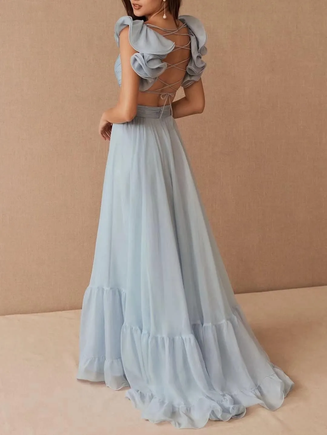 Chiffon Ruffle Prom Dresses for Women V Neck Long Bridesmaid Dresses Backless Formal Evening Gowns A Line