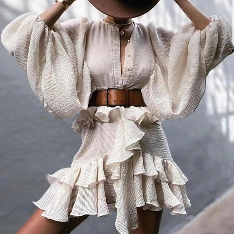 Chiffon Texture Balloon Sleeves Mini Dress