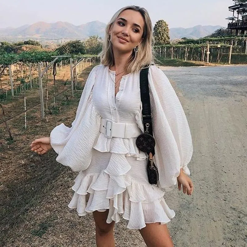 Chiffon Texture Balloon Sleeves Mini Dress