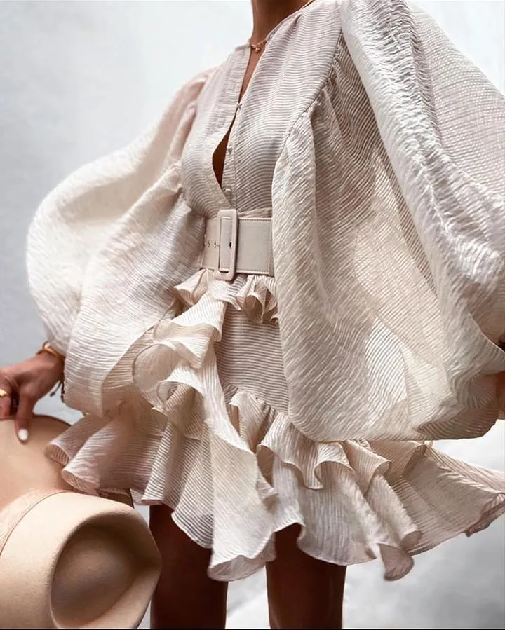 Chiffon Texture Balloon Sleeves Mini Dress