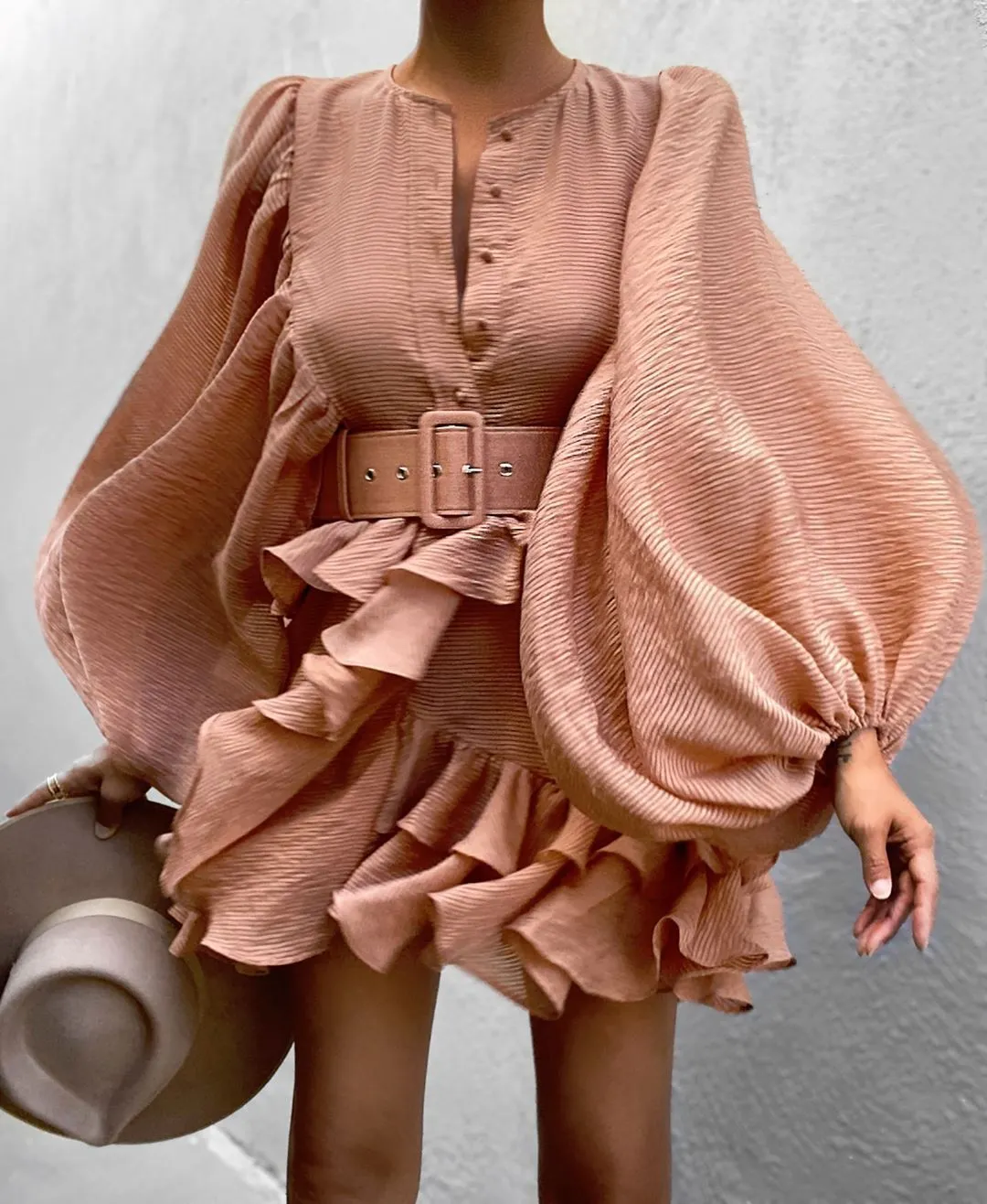 Chiffon Texture Balloon Sleeves Mini Dress
