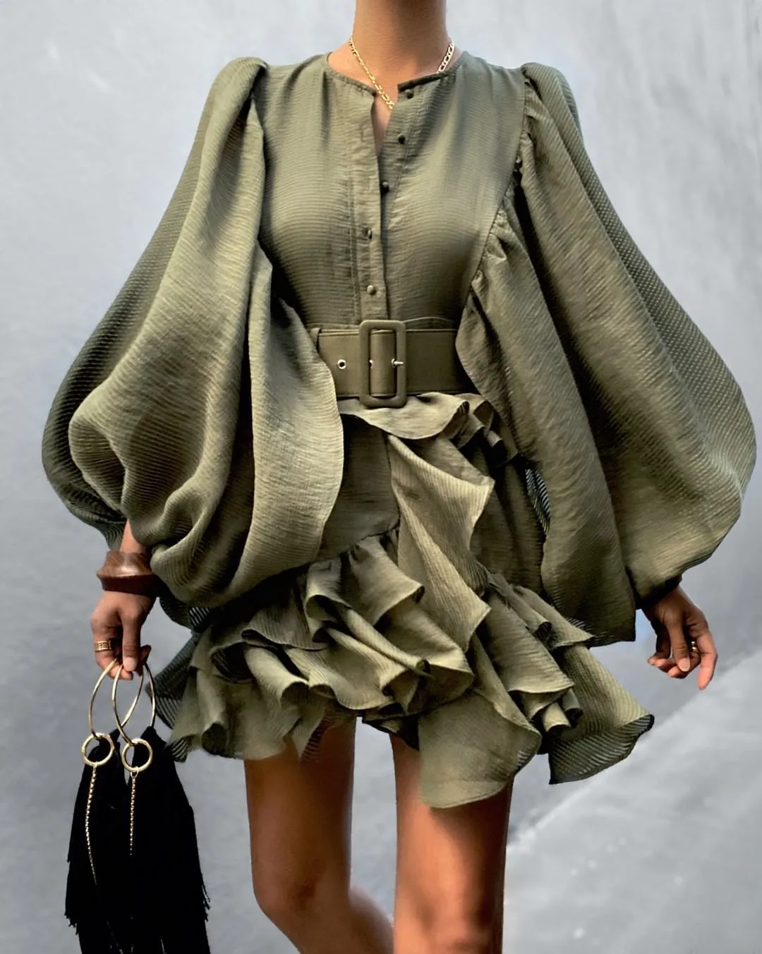 Chiffon Texture Balloon Sleeves Mini Dress