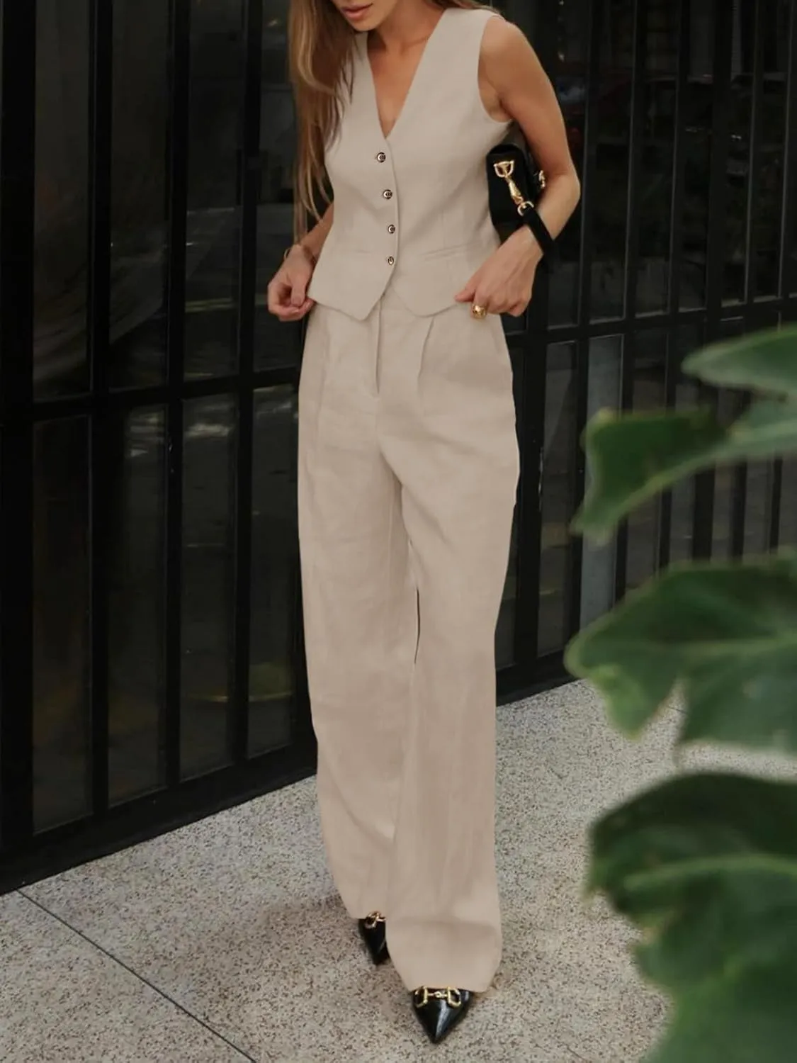 Cicy Bell Women's 2 Piece Outfits Crop Vest and Wide Leg Suit Pants Sets V Neck Blazer Suit