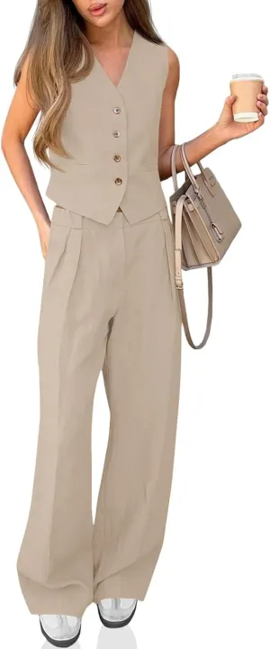 Cicy Bell Women's 2 Piece Outfits Crop Vest and Wide Leg Suit Pants Sets V Neck Blazer Suit