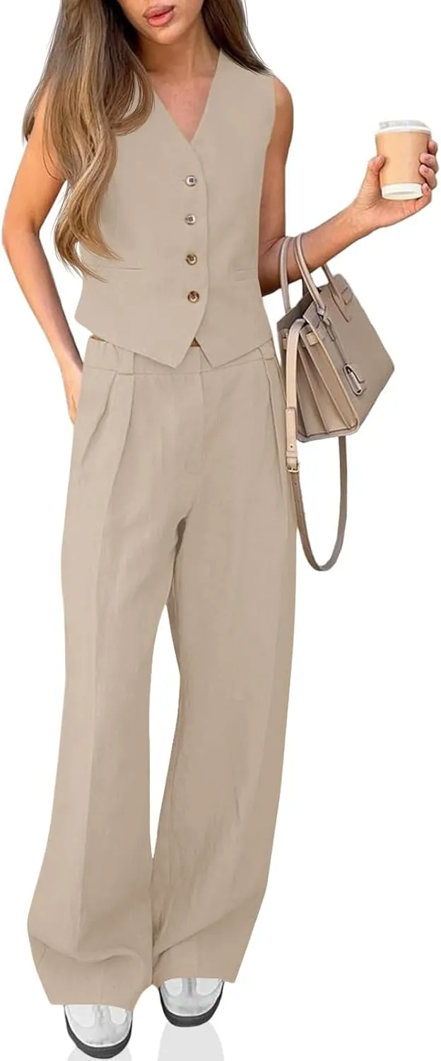 Cicy Bell Women's 2 Piece Outfits Crop Vest and Wide Leg Suit Pants Sets V Neck Blazer Suit