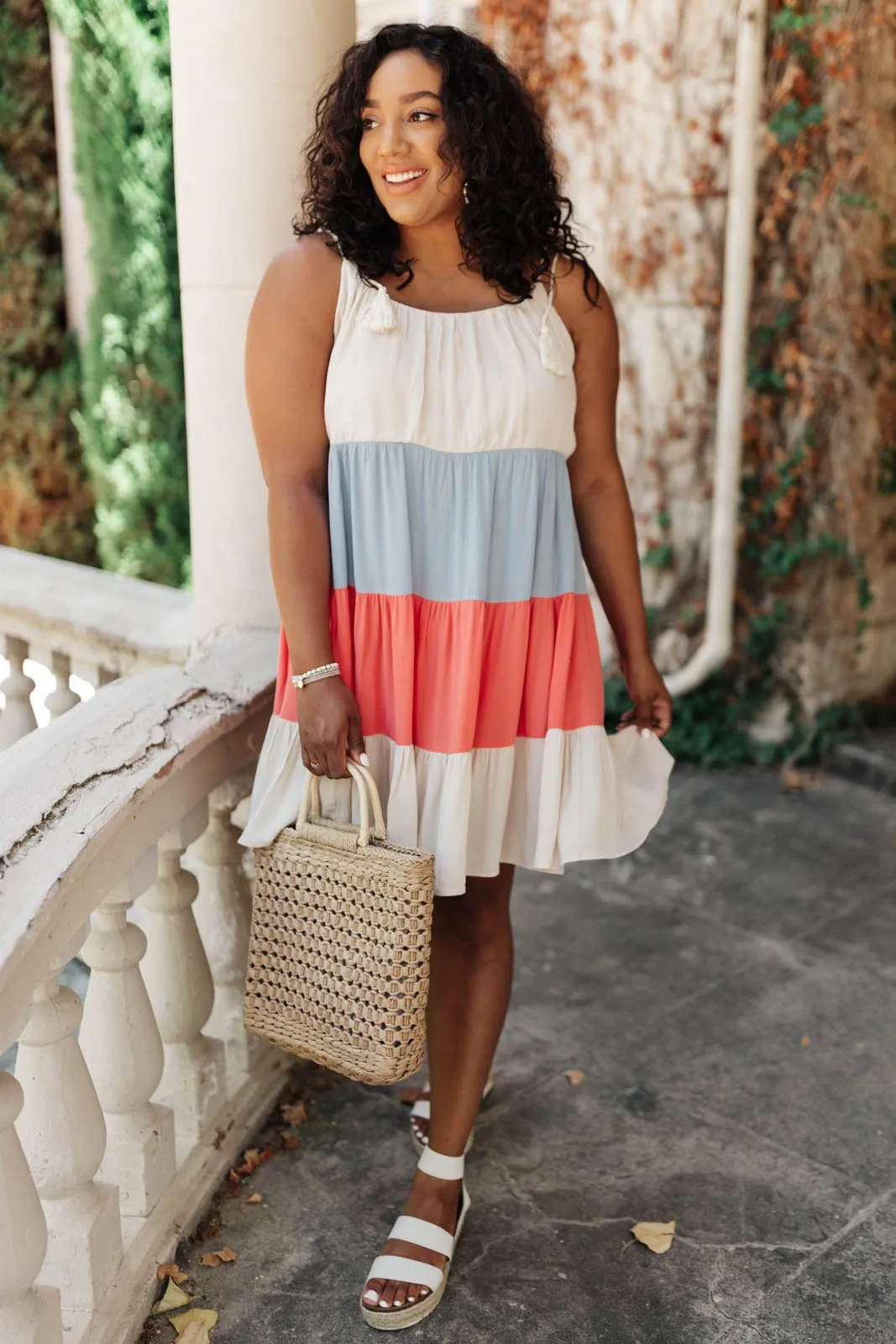 Color Block Ruffles Midi Dress In Coral