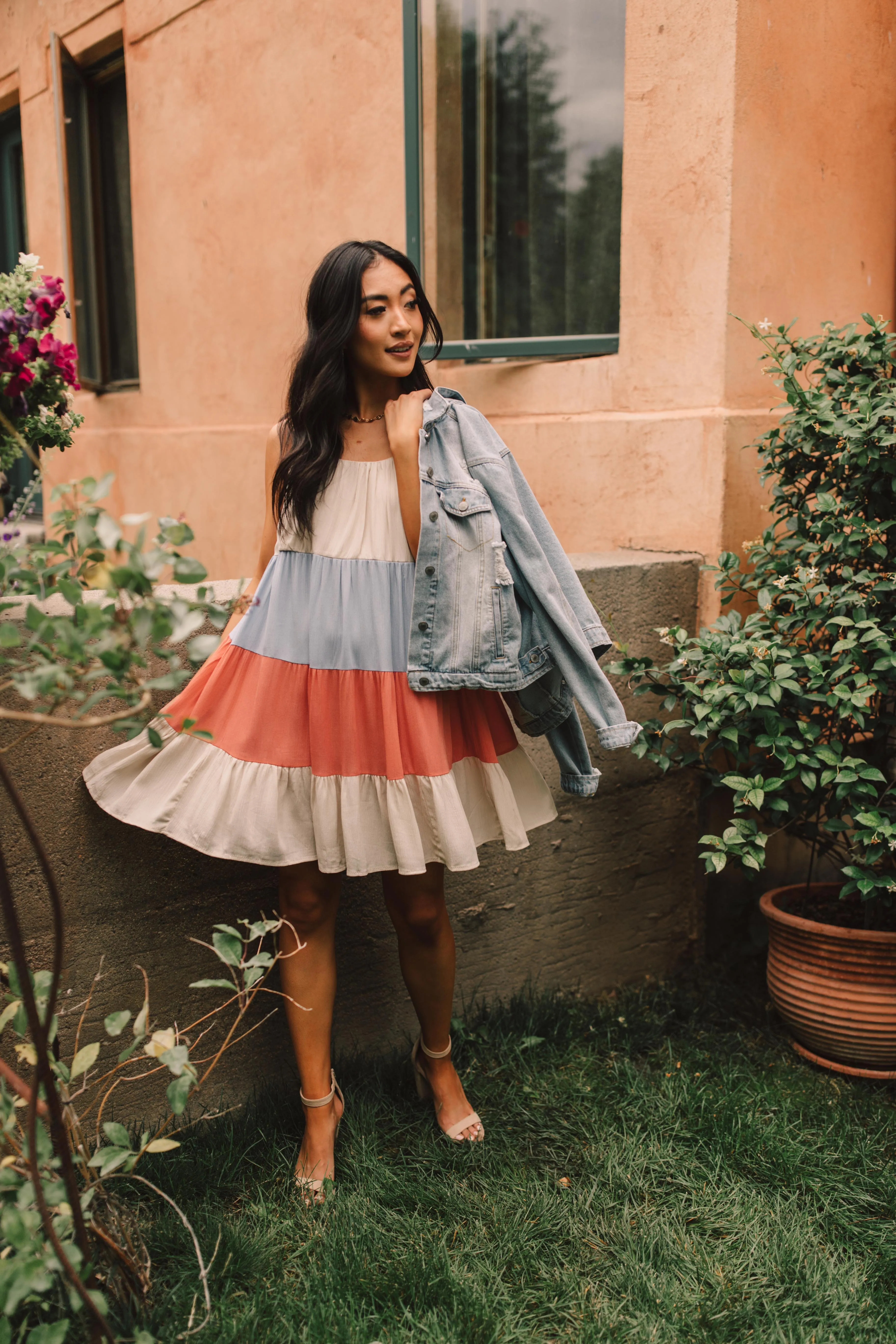 Color Block Ruffles Midi Dress In Coral