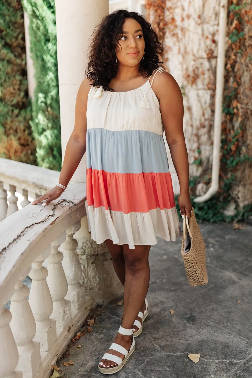 Color Block Ruffles Midi Dress In Coral
