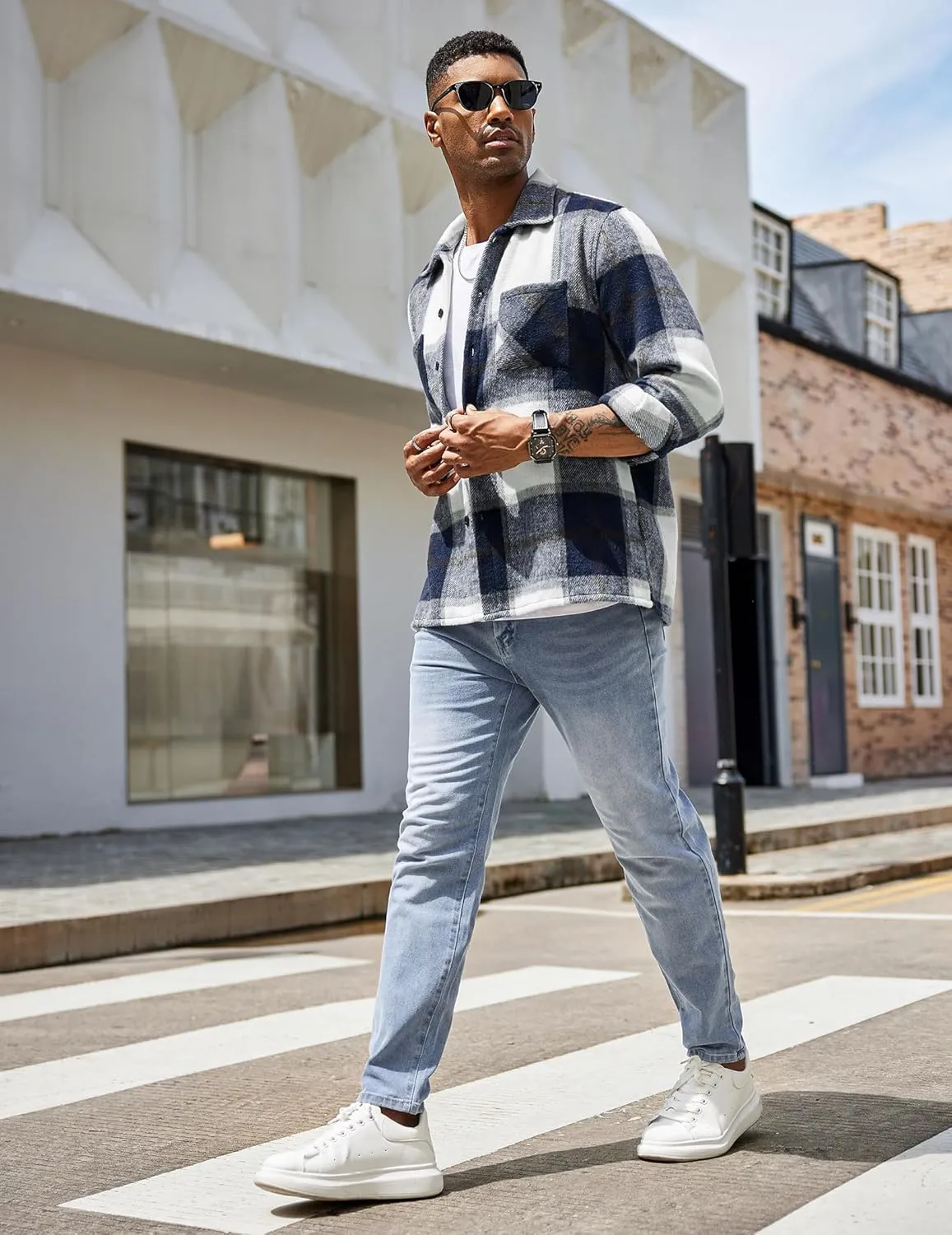 COOFANDY Men's Flannel Shirts Casual Button Down Plaid Shirt Jacket Long Sleeve Fleece Shacket with Pockets