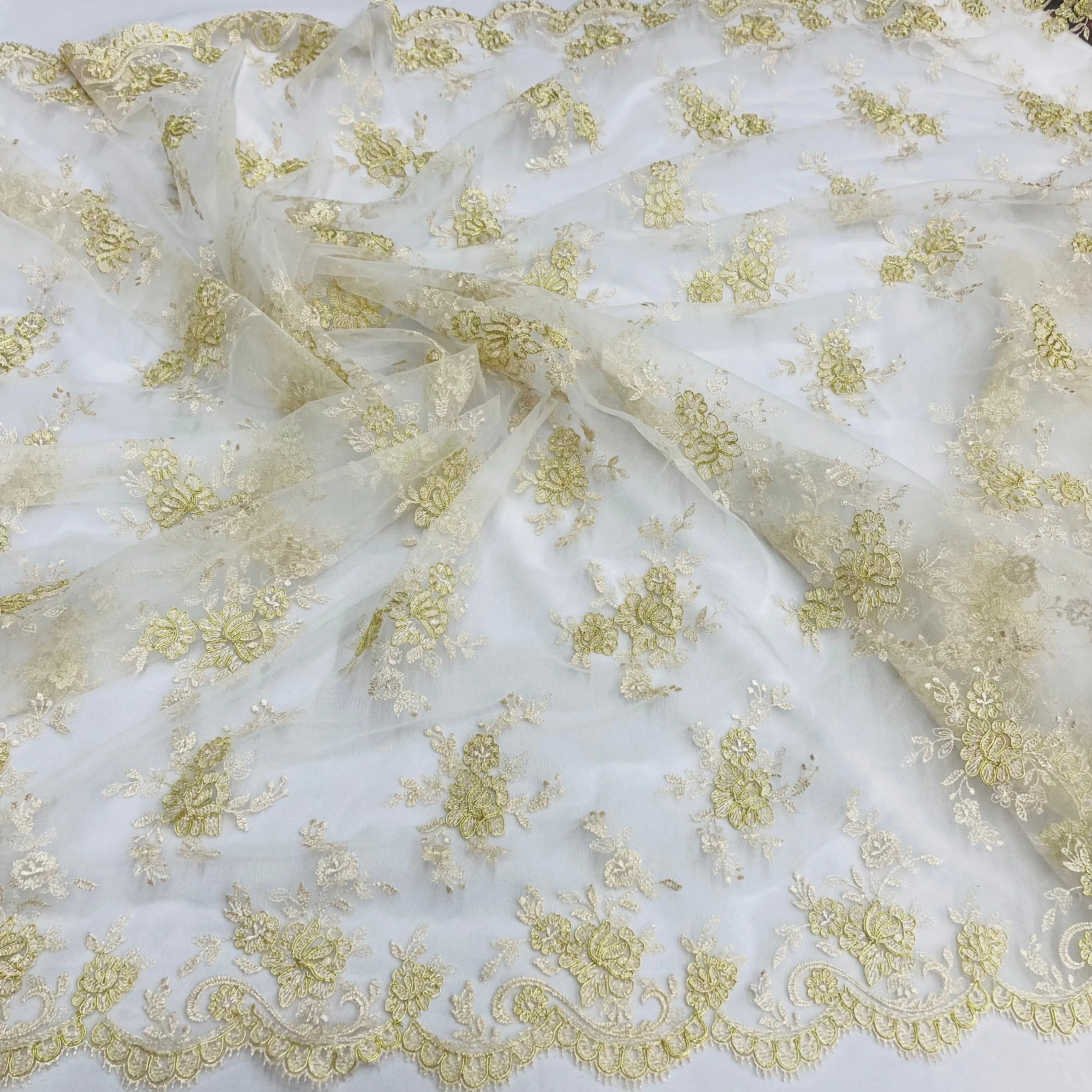 Corded Bridal Lace Fabric Embroidered on 100% Polyester Net Mesh | Lace USA - 96517W