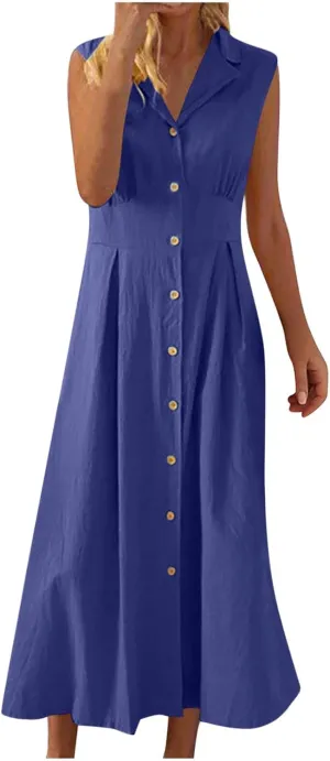 Cotton Linen Button Front Sleeveless Dress for Women Casual A-line Midi Dress Collar Bump Friendly