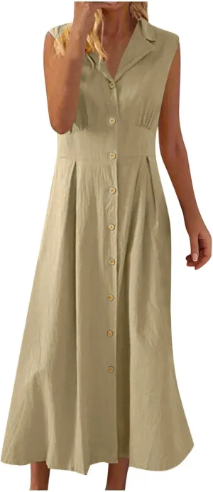 Cotton Linen Button Front Sleeveless Dress for Women Casual A-line Midi Dress Collar Bump Friendly
