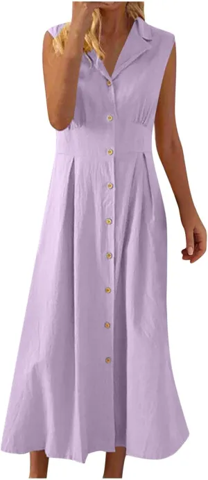 Cotton Linen Button Front Sleeveless Dress for Women Casual A-line Midi Dress Collar Bump Friendly