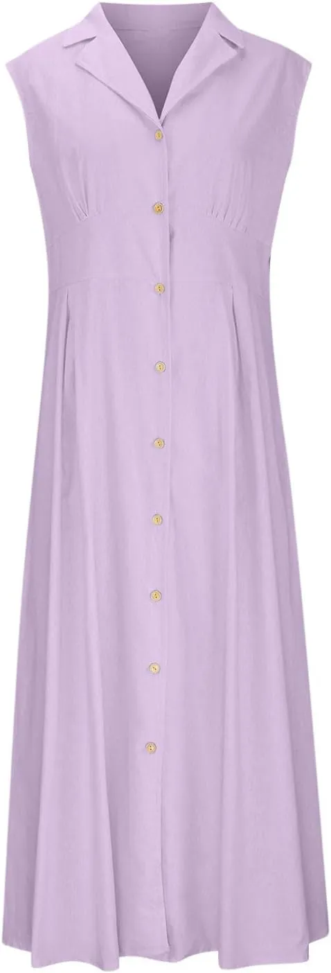 Cotton Linen Button Front Sleeveless Dress for Women Casual A-line Midi Dress Collar Bump Friendly