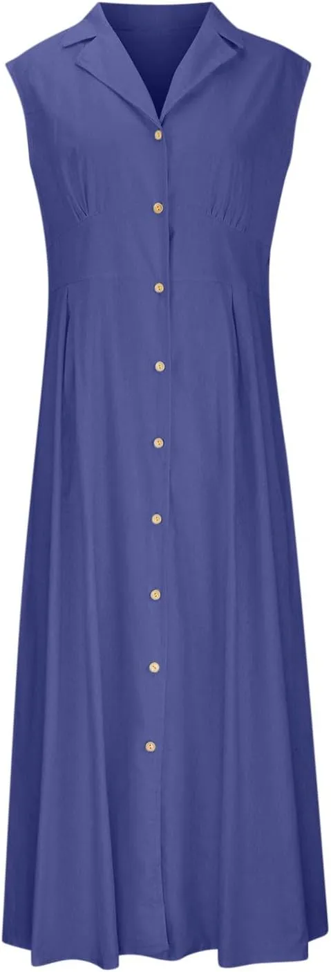 Cotton Linen Button Front Sleeveless Dress for Women Casual A-line Midi Dress Collar Bump Friendly