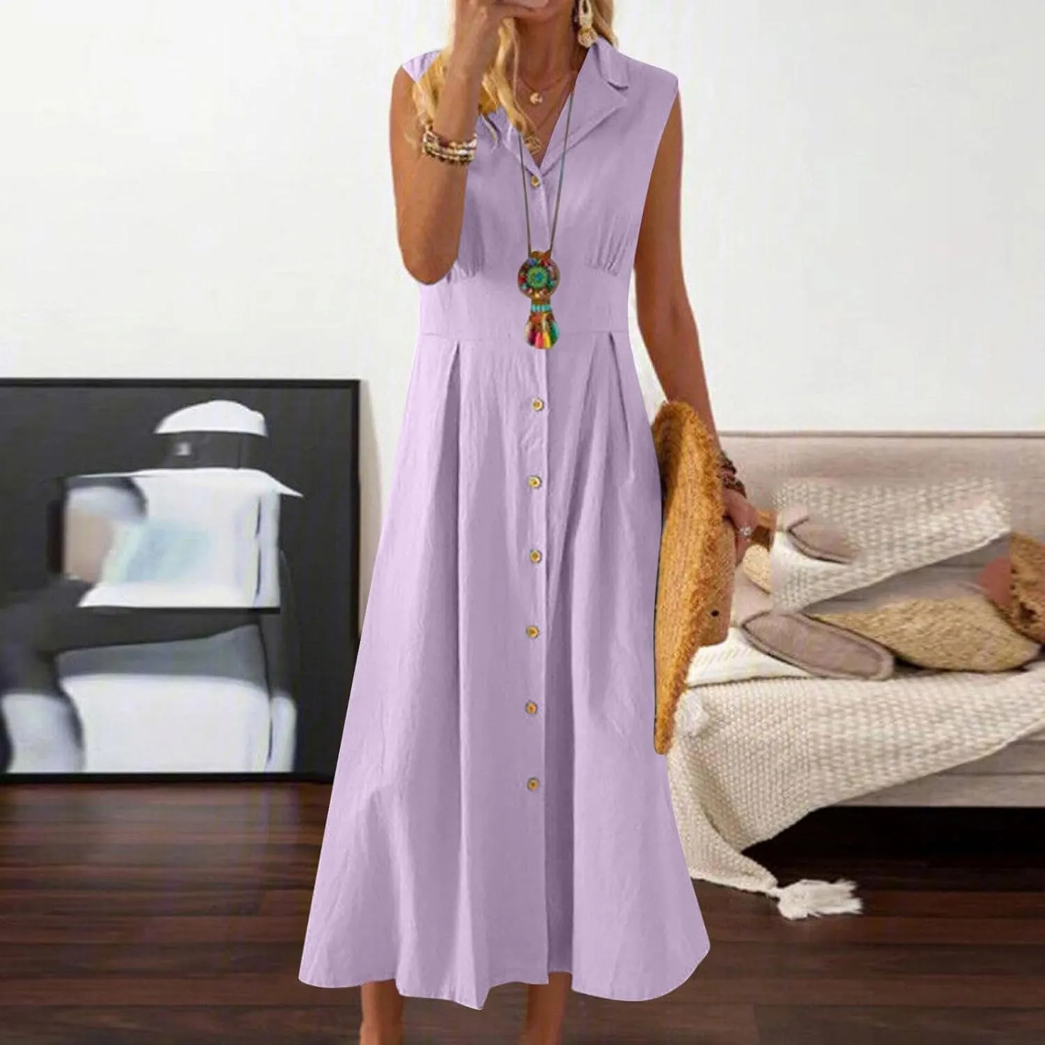 Cotton Linen Button Front Sleeveless Dress for Women Casual A-line Midi Dress Collar Bump Friendly