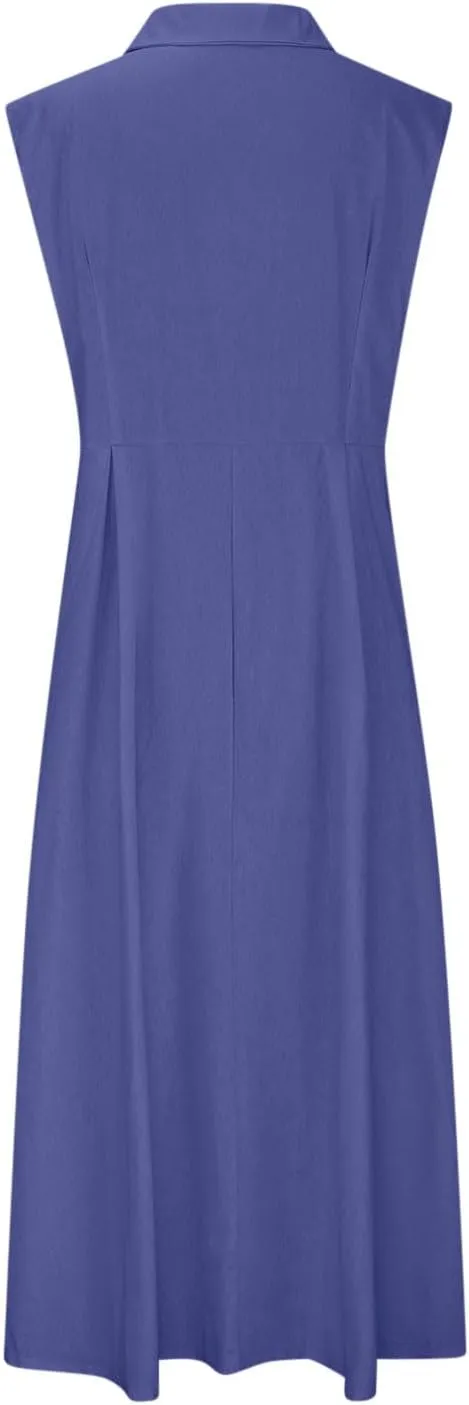 Cotton Linen Button Front Sleeveless Dress for Women Casual A-line Midi Dress Collar Bump Friendly