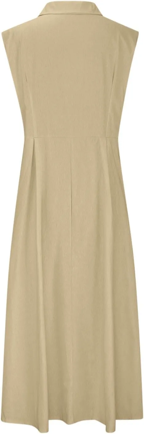 Cotton Linen Button Front Sleeveless Dress for Women Casual A-line Midi Dress Collar Bump Friendly
