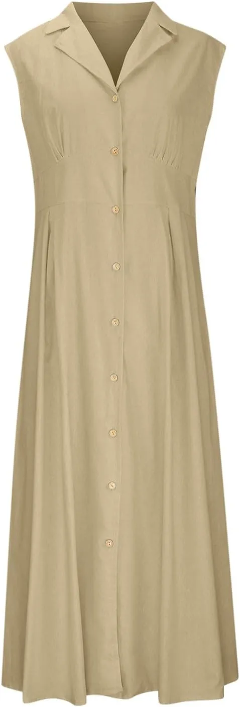Cotton Linen Button Front Sleeveless Dress for Women Casual A-line Midi Dress Collar Bump Friendly