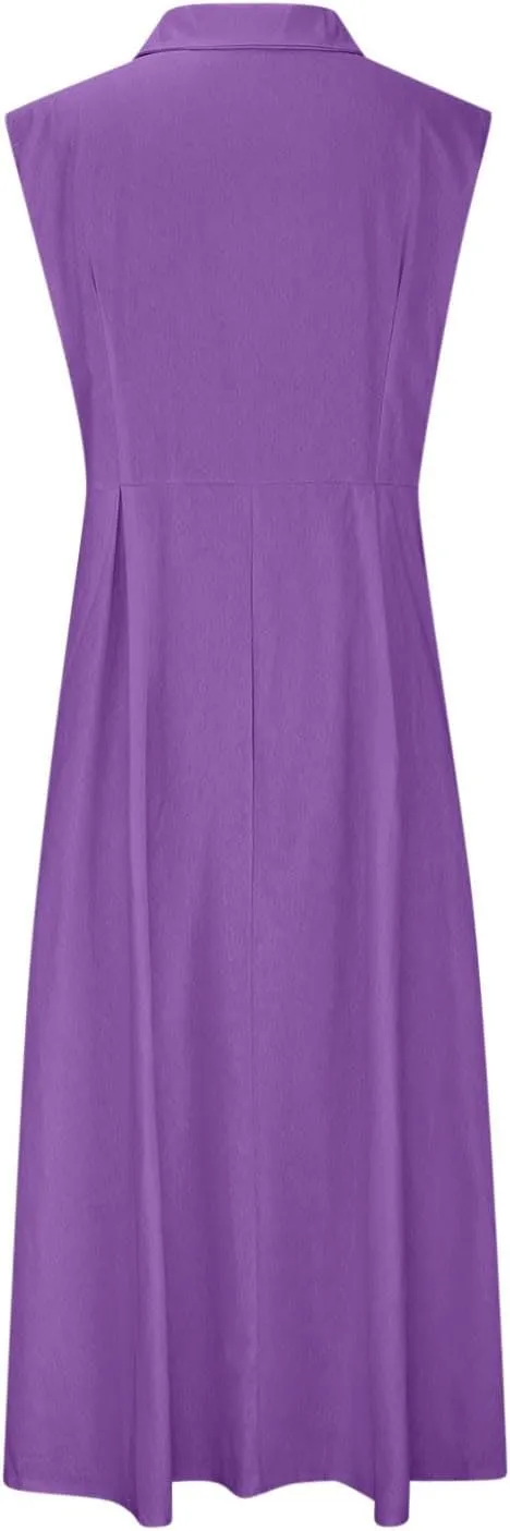 Cotton Linen Dress for Women Loose Fit Button Down Sundresses Sleeveless V Neck A Line Flowy Beach Long Dresses