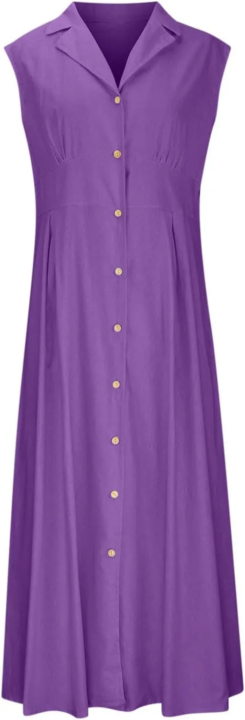 Cotton Linen Dress for Women Loose Fit Button Down Sundresses Sleeveless V Neck A Line Flowy Beach Long Dresses